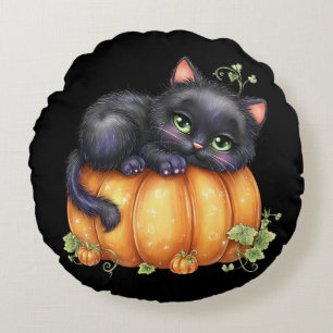 Cojín Redondo Solo colgando, gatito descansando en calabaza