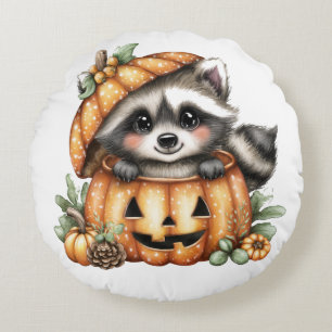 Cojín Redondo Solo pasando el rato, Mapache Juguetón En Calabaza