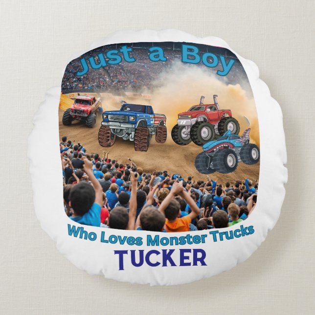 Cojín Redondo Solo un chico que ama los camiones de monstruos (Anverso)