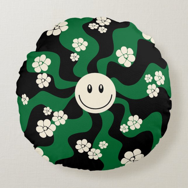 Cojín Redondo Sonrisa - Verde, Crema y Negro (Anverso)