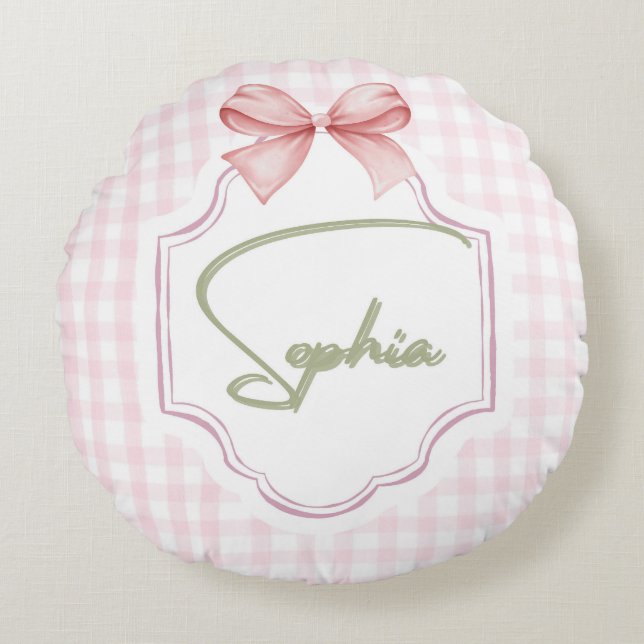 Cojín Redondo Sophia Personalizada Pink Bow & Gingham Print (Anverso)