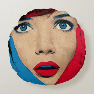 Cojín Redondo Sorprendida mujer en arte pop