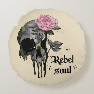 Cojín Redondo Soul Rebel - Calavera gótica con rosa rosado