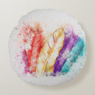 Cojín Redondo Splash artístico creativo de plumas vibrantes colo