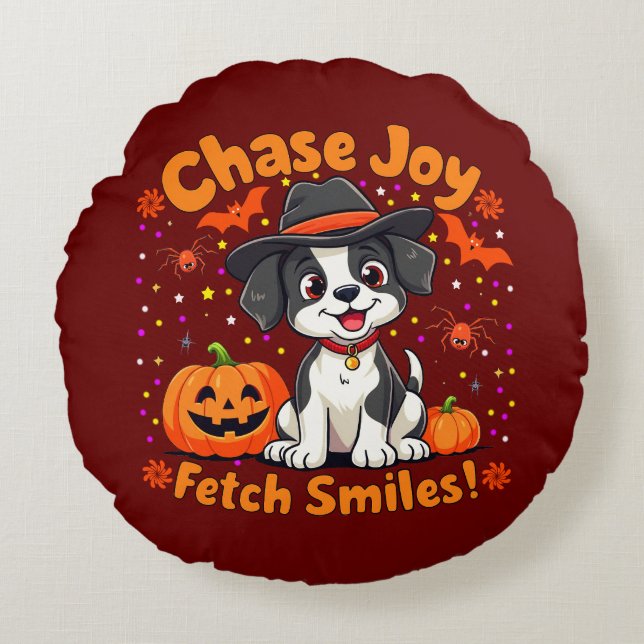 Cojín Redondo Spookone Dog Art: Fetch Halloween Joy & Smiles! (Anverso)