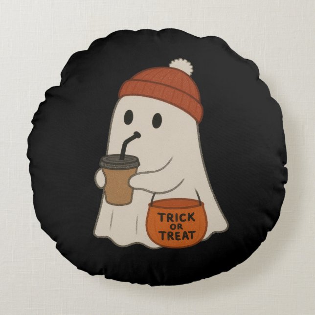 Cojín Redondo Spooky Cute Adorable Ghost Red Beanie Halloween  (Anverso)