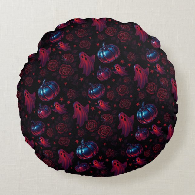 Cojín Redondo Spooky Pumpkin Ghost Rose Round Pillow (Anverso)
