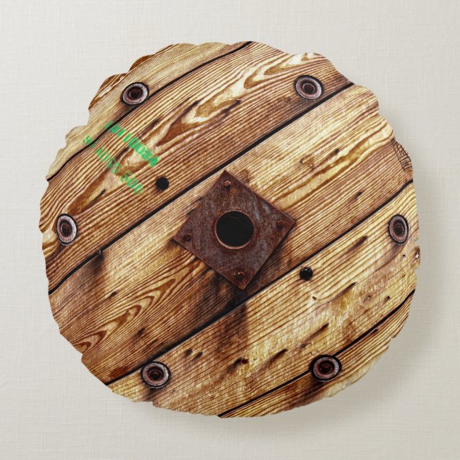 Cojín Redondo Spool de alambre de madera rústica industrial (Anverso)