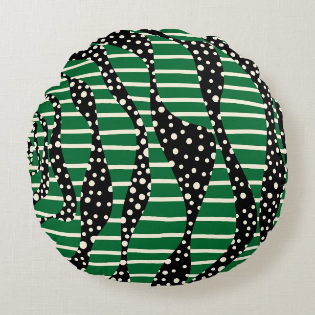 Cojín Redondo Spots and Stripes 2 - Verde, crema y negro (Anverso)
