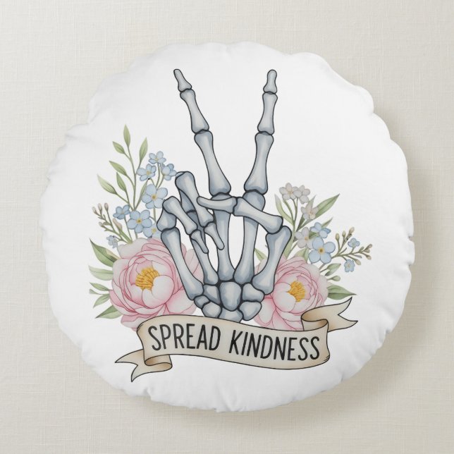 Cojín Redondo "Spread Kindness" Skeleton Peace Sign – Watercolor (Anverso)