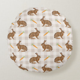 Cojín Redondo Spring Hare And Carrot Rustic Beige Gingham Easter