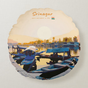 Cojín Redondo Srinagar, India - Barcas Shikara en el lago Dal