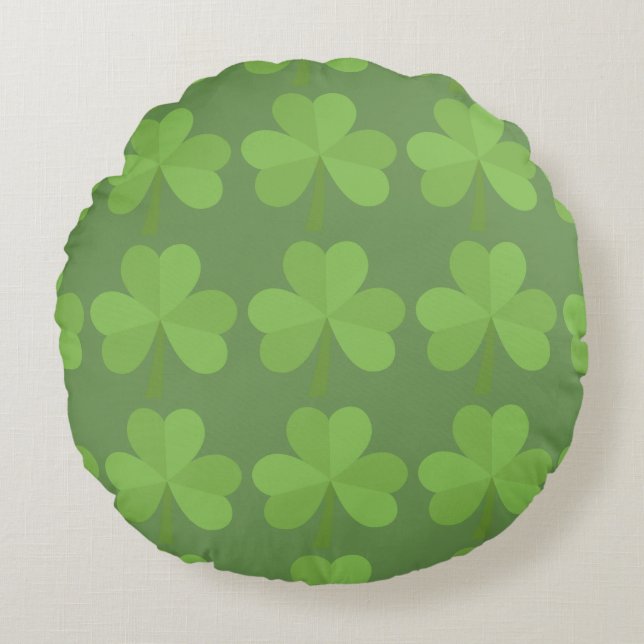 Cojín Redondo St. Patrick Irish Shamrock Clovers Pattern Green (Anverso)
