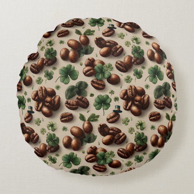 Cojín Redondo St. Patrick’s Day Coffee & Shamrock Pattern (Anverso)