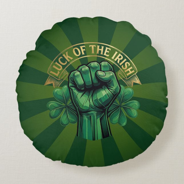 Cojín Redondo St. Patrick’s Day Luck of the Irish Fist Shamrock (Anverso)