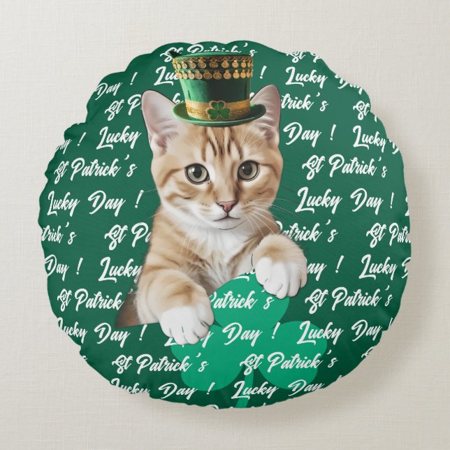 Cojín Redondo St Patrick's Lucky Day Cute Cat Leprechaun Hat, (Anverso)