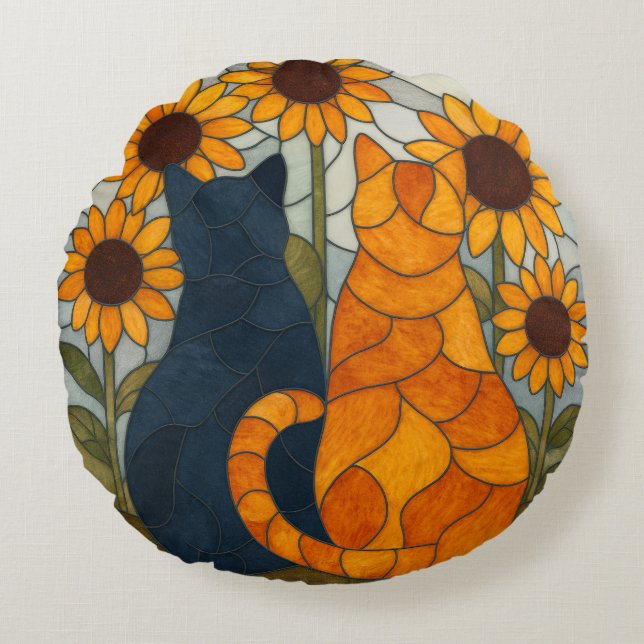 Cojín Redondo Stained Glass Cats and Sunflowers Art Design (Anverso)