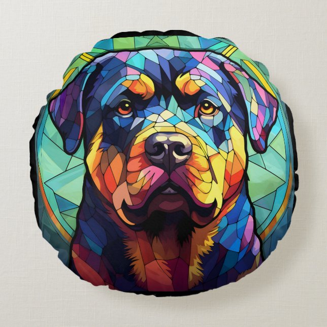 Cojín Redondo Stained Glass Rottweiler  (Anverso)