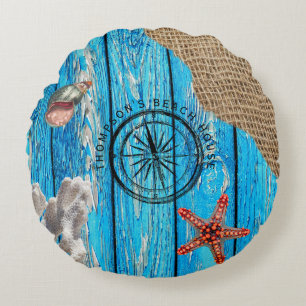 Cojín Redondo Starfish Rústico Nautical Blue Wood