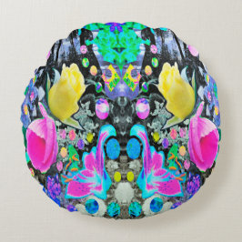 Cojín Redondo Stargazer Lily, Rosa y Collage de Hibiscus Rosa