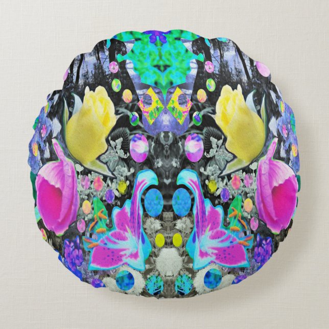 Cojín Redondo Stargazer Lily, Rosa y Collage de Hibiscus Rosa (Anverso)