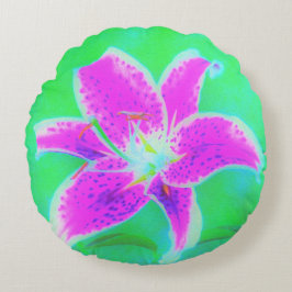 Cojín Redondo Stargazer rosa caliente Lily sobre Turquesa y Verd