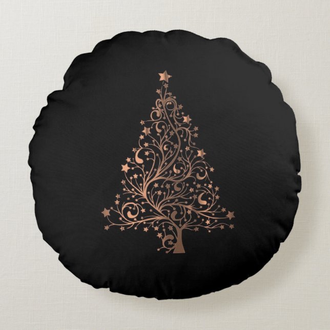 Cojín Redondo Starry Christmas Tree Black Brown Copper Elegant (Anverso)