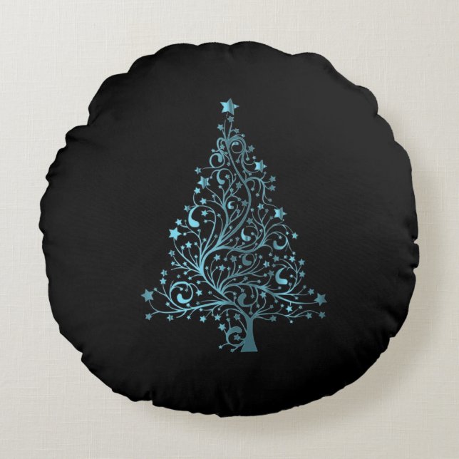 Cojín Redondo Starry Merry Christmas Tree Black Blue Elegant (Anverso)
