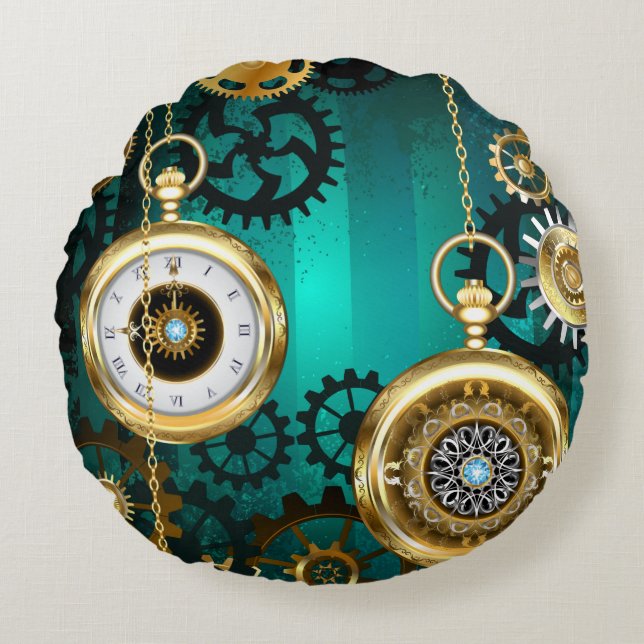 Cojín Redondo Steampunk Jewelry Watch sobre un fondo verde (Anverso)