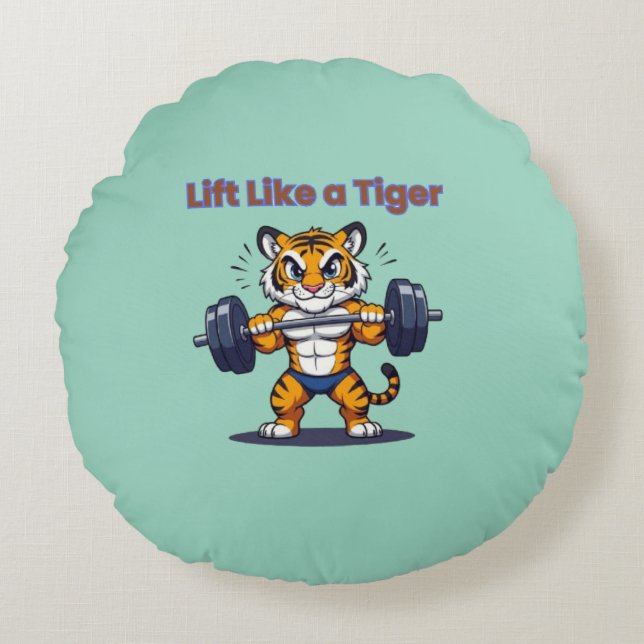 Cojín Redondo **Strong Tiger – Cute Tiger Lifting Weights Illust (Anverso)