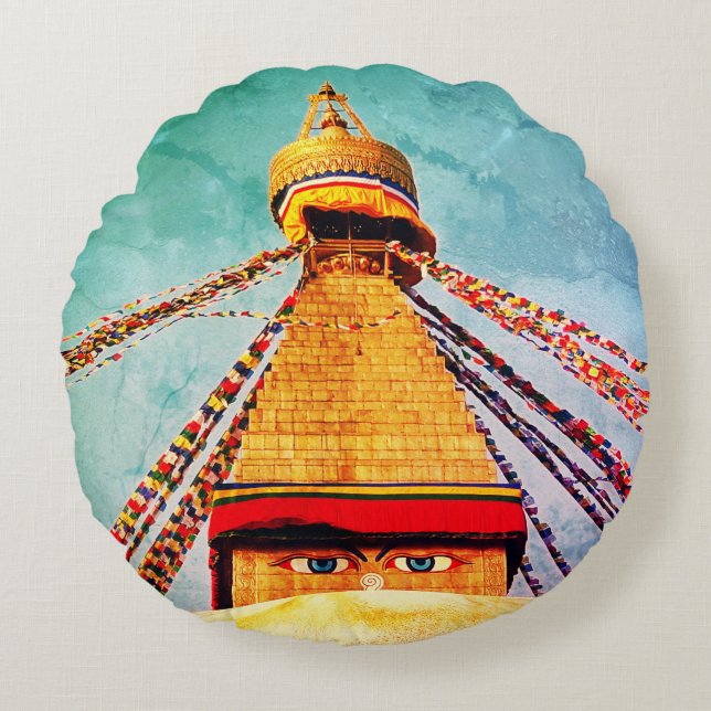 Cojín Redondo Stupa Boudhanath, Buda de época, Himalayas, Nepal (Anverso)