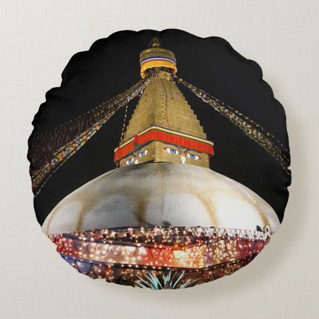 Cojín Redondo Stupa Boudhanath, Katmandú de noche - Nepal (Anverso)