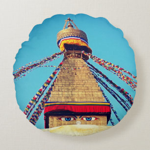 Cojín Redondo Stupa Boudhanath, ojos budistas, himalayas, Nepal