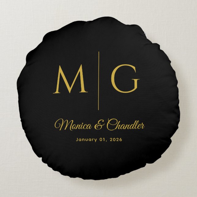 Cojín Redondo Stylish Monogram With Couple Name Black (Reverso)