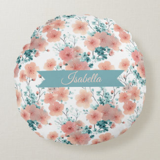 Cojín Redondo Suave Floral Personalizado de Primavera Rosa Vinta