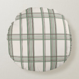 Cojín Redondo Suave Plaid Estético de Crema y Salvia