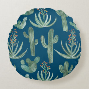 Cojín Redondo Suculentas y cactus saguaro en azul