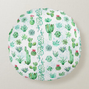 Cojín Redondo Suculento Jardín: Acuarela De Fondo Impresionante.