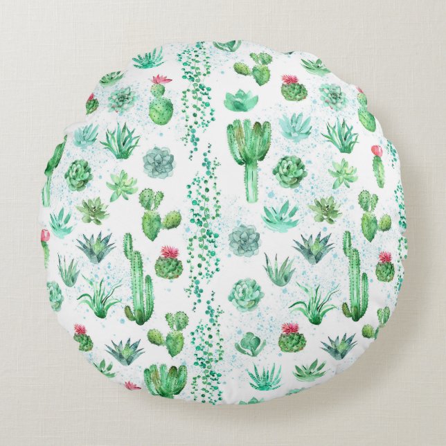 Cojín Redondo Suculento Jardín: Acuarela De Fondo Impresionante. (Anverso)