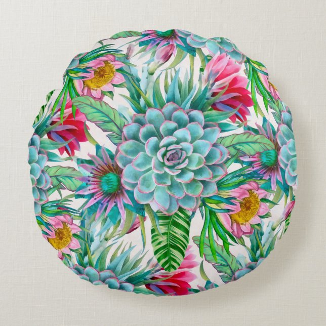 Cojín Redondo Suculento jardín tropical (Anverso)