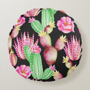 Cojín Redondo Suculentos acuarelas: patrón cactus floral.