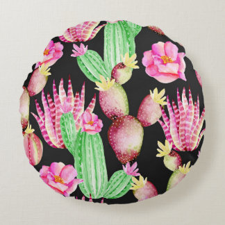 Cojín Redondo Suculentos acuarelas: patrón cactus floral.