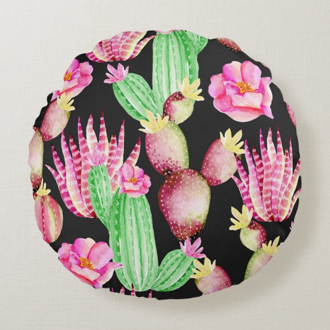 Cojín Redondo Suculentos acuarelas: patrón cactus floral. (Anverso)
