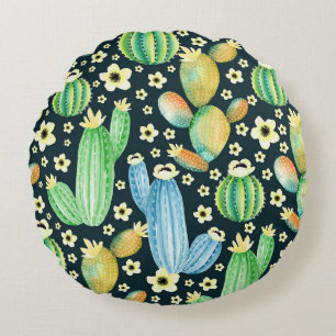 Cojín Redondo Sucultores Patrón de acuarela Cactus Floral