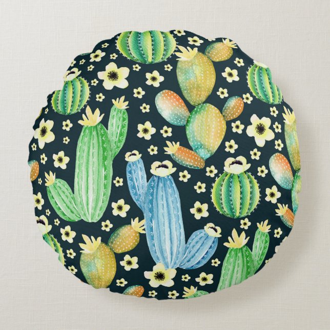 Cojín Redondo Sucultores Patrón de acuarela Cactus Floral (Anverso)