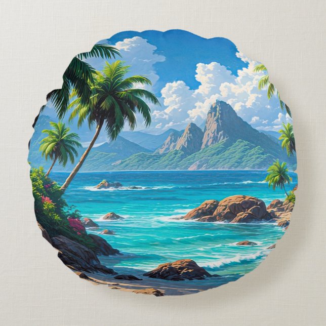 Cojín Redondo Sueña, Paraíso Tropical, (Anverso)