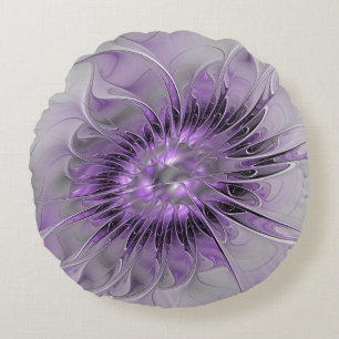 Cojín Redondo Sueño de Flor de Lavanda Arte Fractal Abstracto Mo