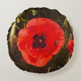 Cojín Redondo Sueño floral de amapola – Flores silvestres de fan