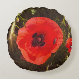 Cojín Redondo Sueño floral de amapola – Flores silvestres de fan