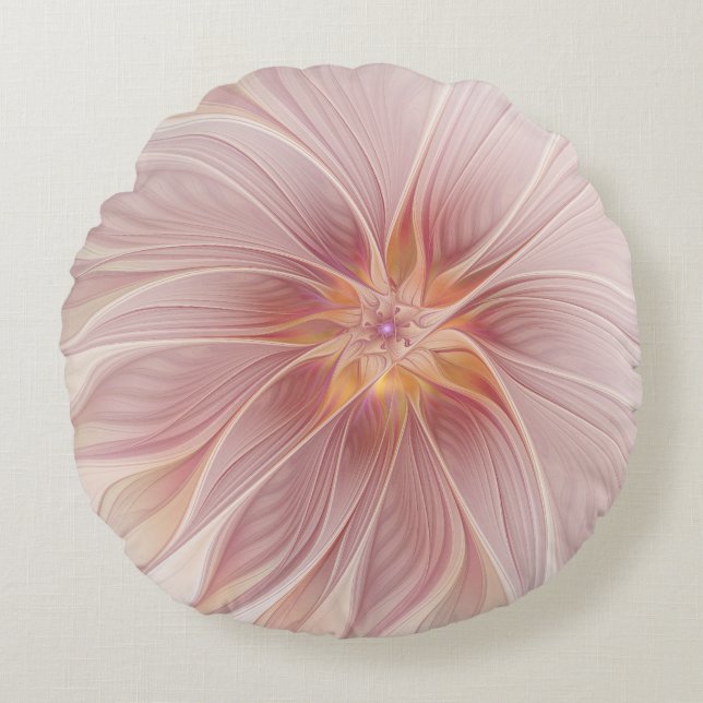 Cojín Redondo Sueño floral rosa suave Resumen Flor de arte fract (Anverso)